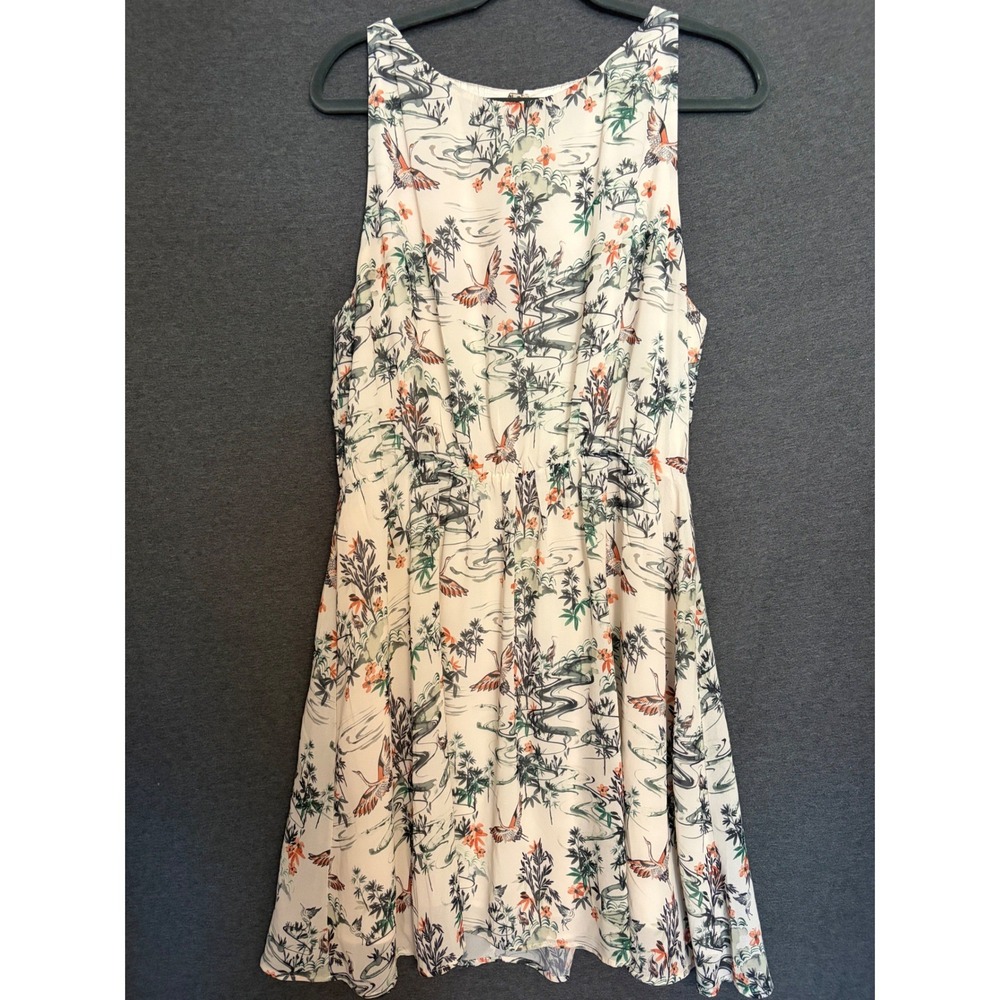 HM Cream Crane Bird Floral Print Sleeveless Fit Flare‎ Dress Size 12 Boho Spring